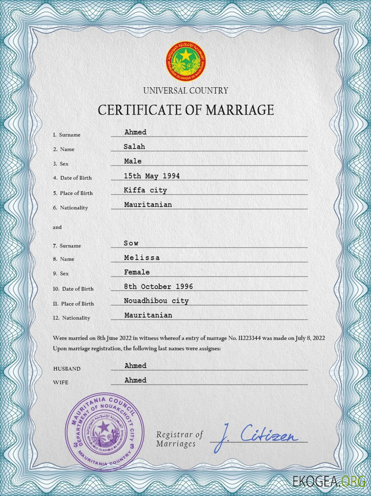 Modèle PSD de certificat de mariage en Mauritanie